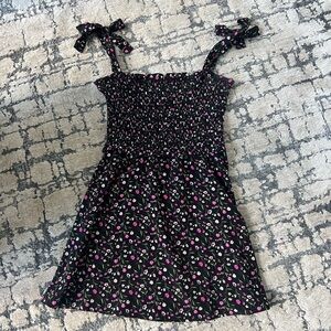 Cute Black Flowered Smock Dress with Tie Straps - size M